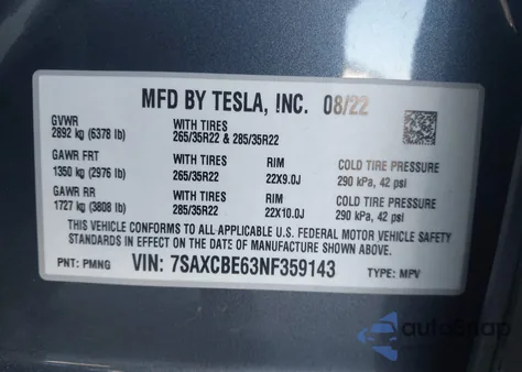 2022 Tesla Model X Plaid Tri Motor All-Wheel Drive z USA, uszkodzony, nr VIN 7SAXCBE63NF359143